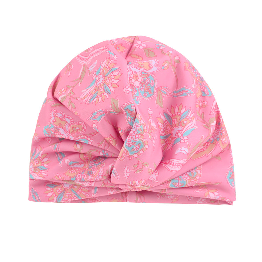 The very popular and adorable recycled girl's turban is back in a new print - pink mallow romance. It is made from an SPF 50 protective fabric and designed in a turban-style swim cap. Louise Misha, This versatile kids accessory functions as both a girl's swim hat and a summer hat, providing excellent sun protection.