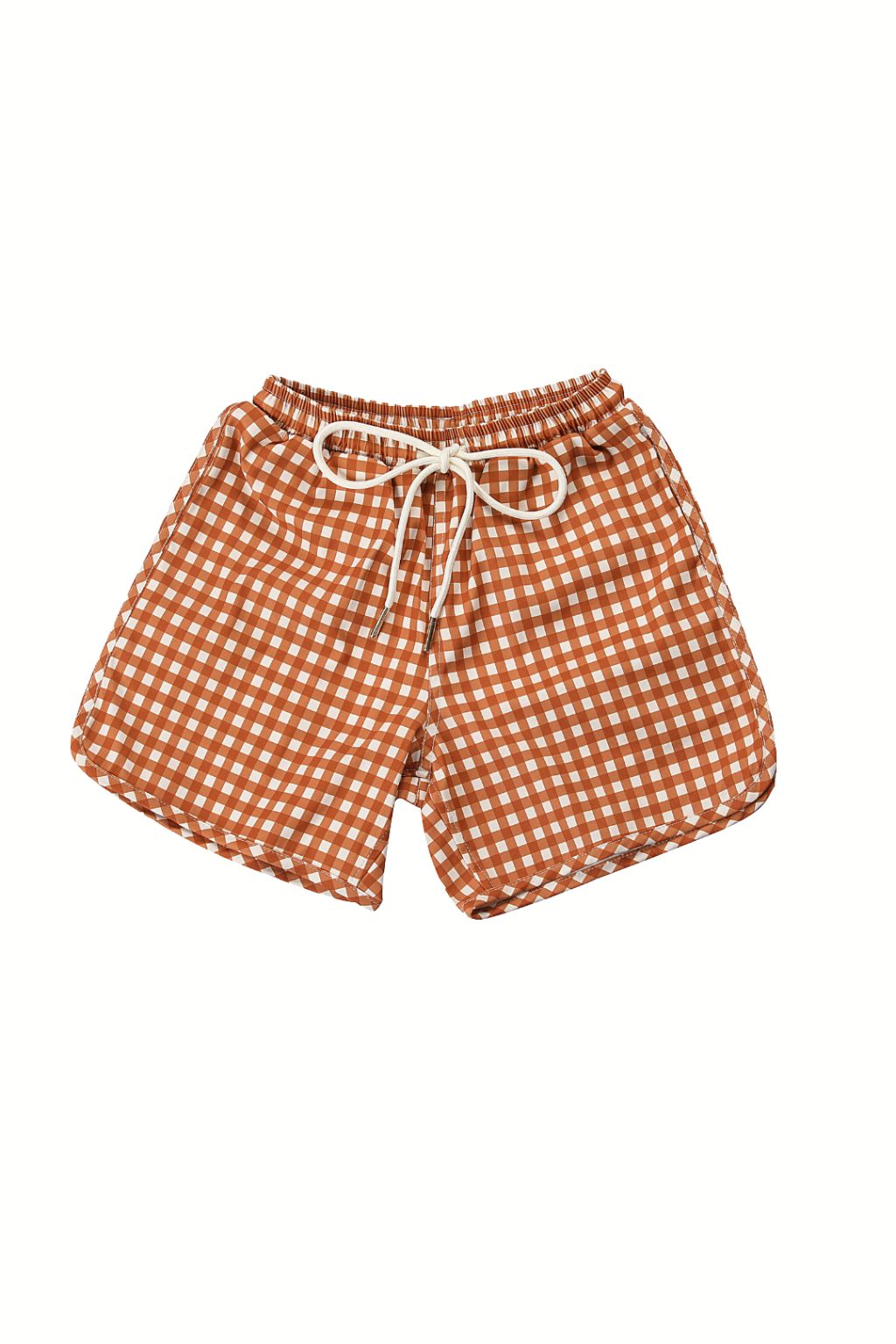 Close up detail of Sienna Gingham swim trunks fabric, sustainable recycled material with retro checkered pattern.