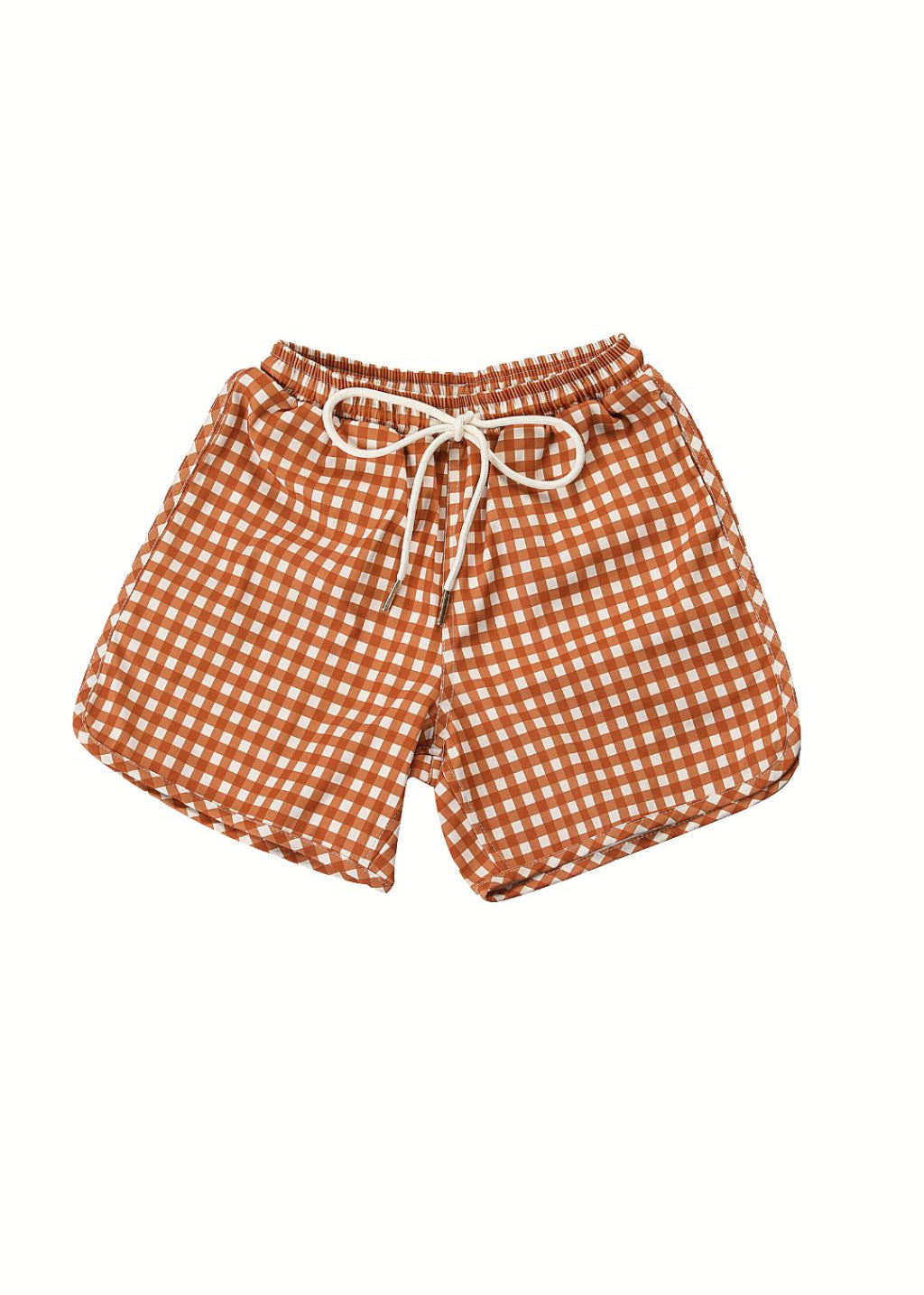 Sustainable boys swim trunks Sienna Gingham pattern UPF 50 sun protection Grech & Co