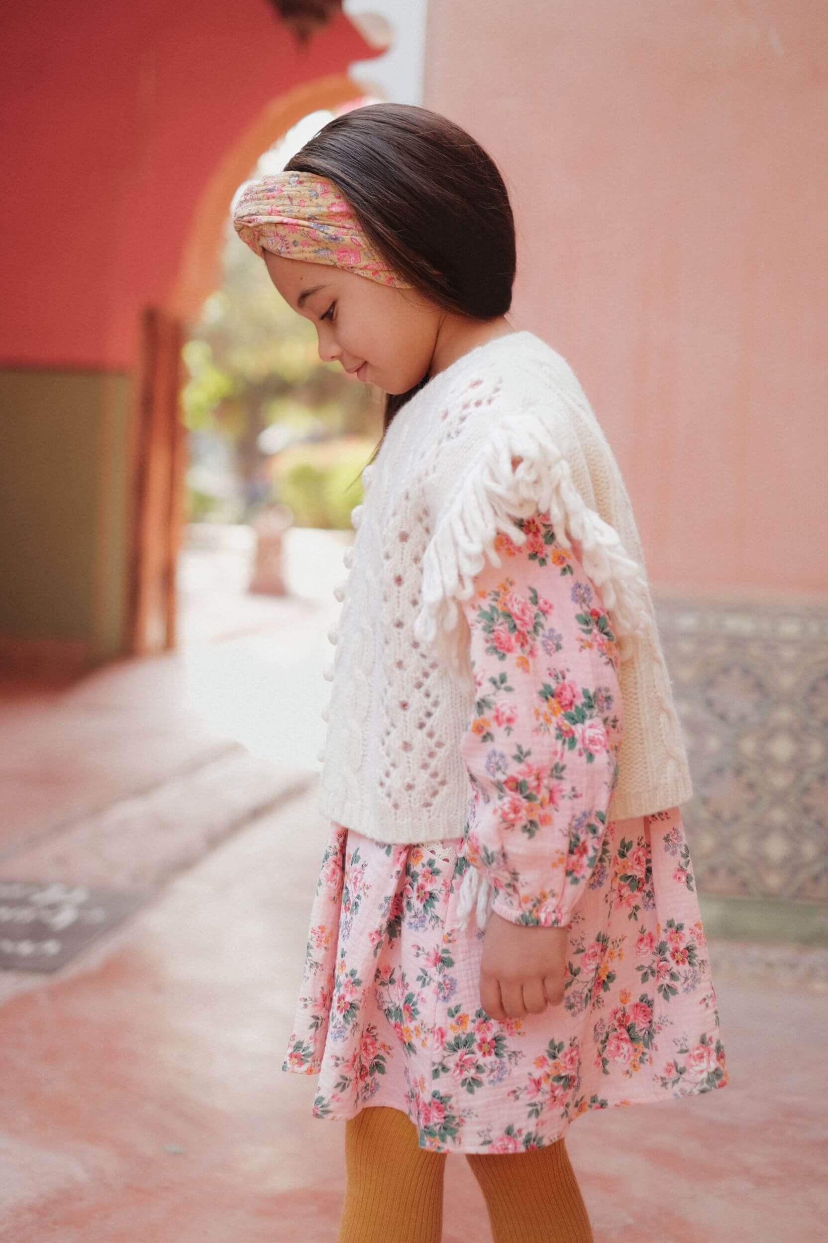 Organic cotton girl dress beautiful pink flower print by Louise Misha online at MiliMilu. Girl dress for parties, day-to-day wear and the most popular dress.