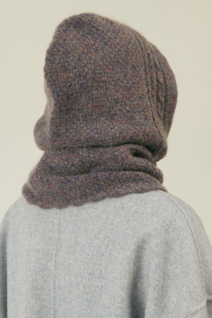 Sustainable women fashion from Louise Misha and women merino wool hood in storm colour. Practical and trendy women winter accesory, sustainable Christmas gift.