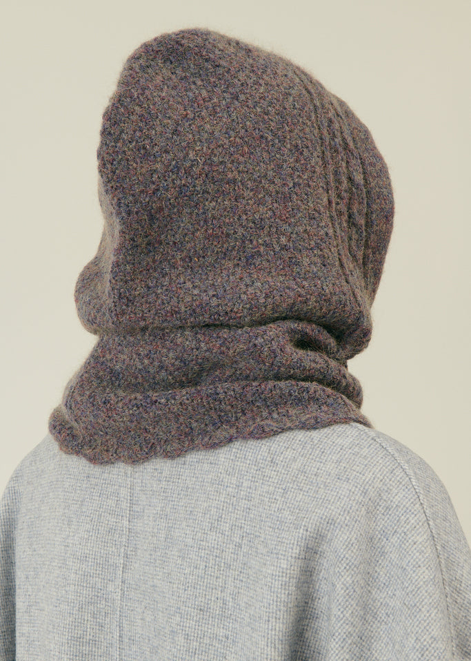 Storm grey merino wool hood styled as neck warmer - eco-friendly winter accessory