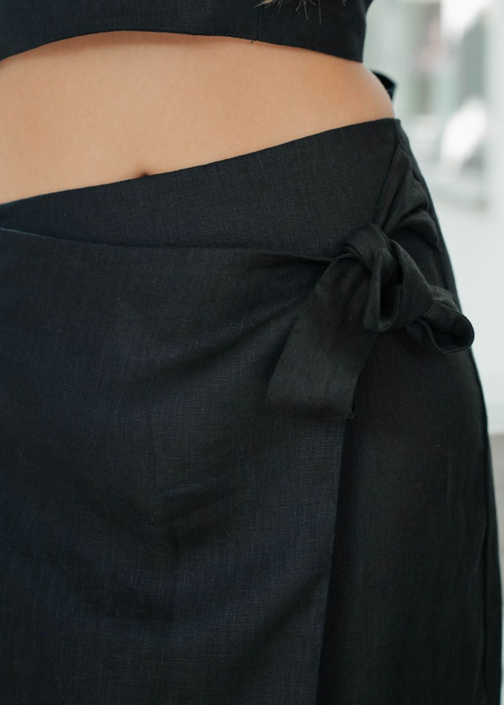 Black wrap linen midi skirt from MiliMilu Sydney collection — flattering midi length for all occasions