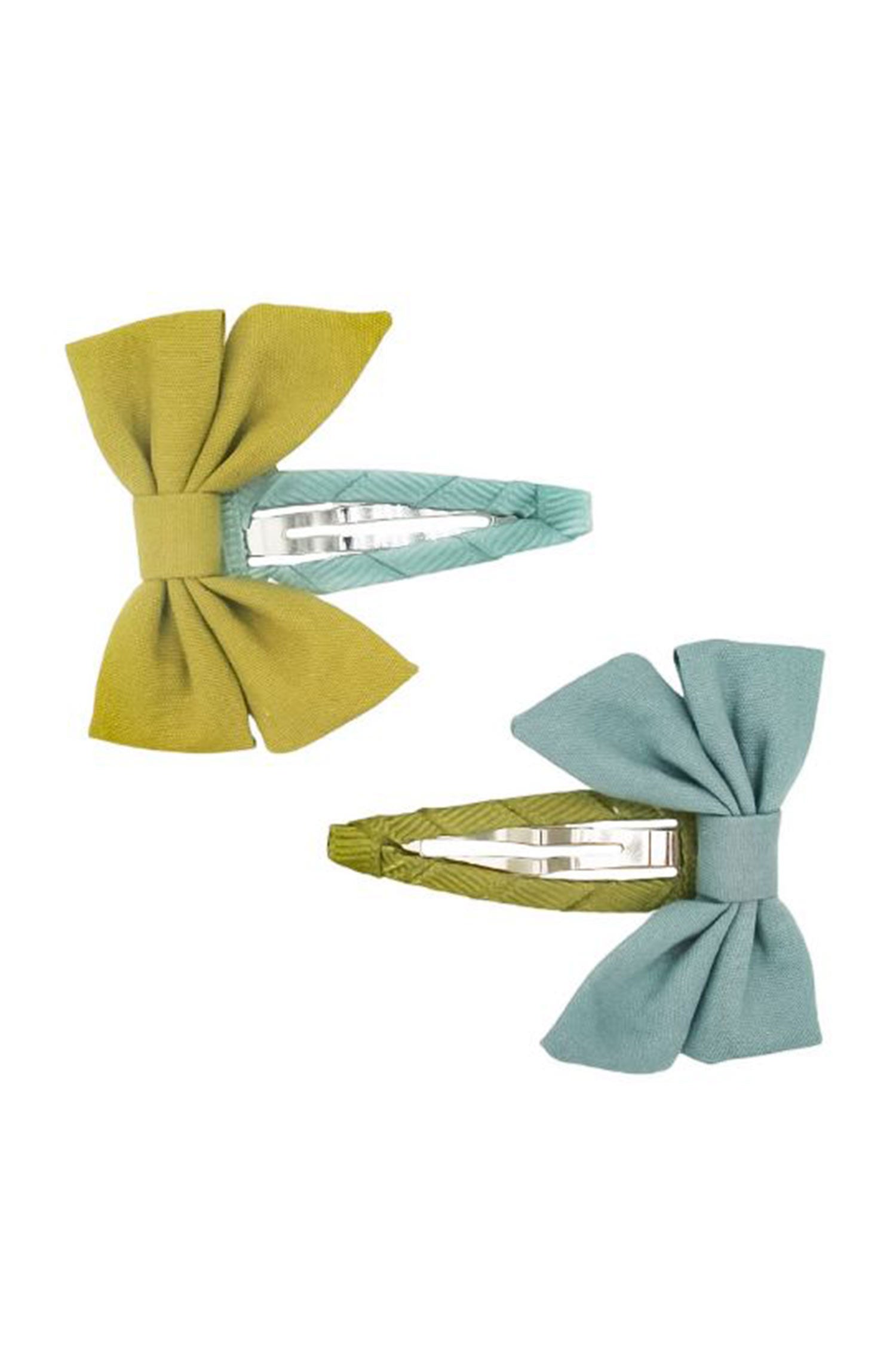 Beautiful bow hair clips in blue and green colour, snap clip is very gentle to the hair with a strong grip by Grech & Co. Shop online bow hairclips for girls.