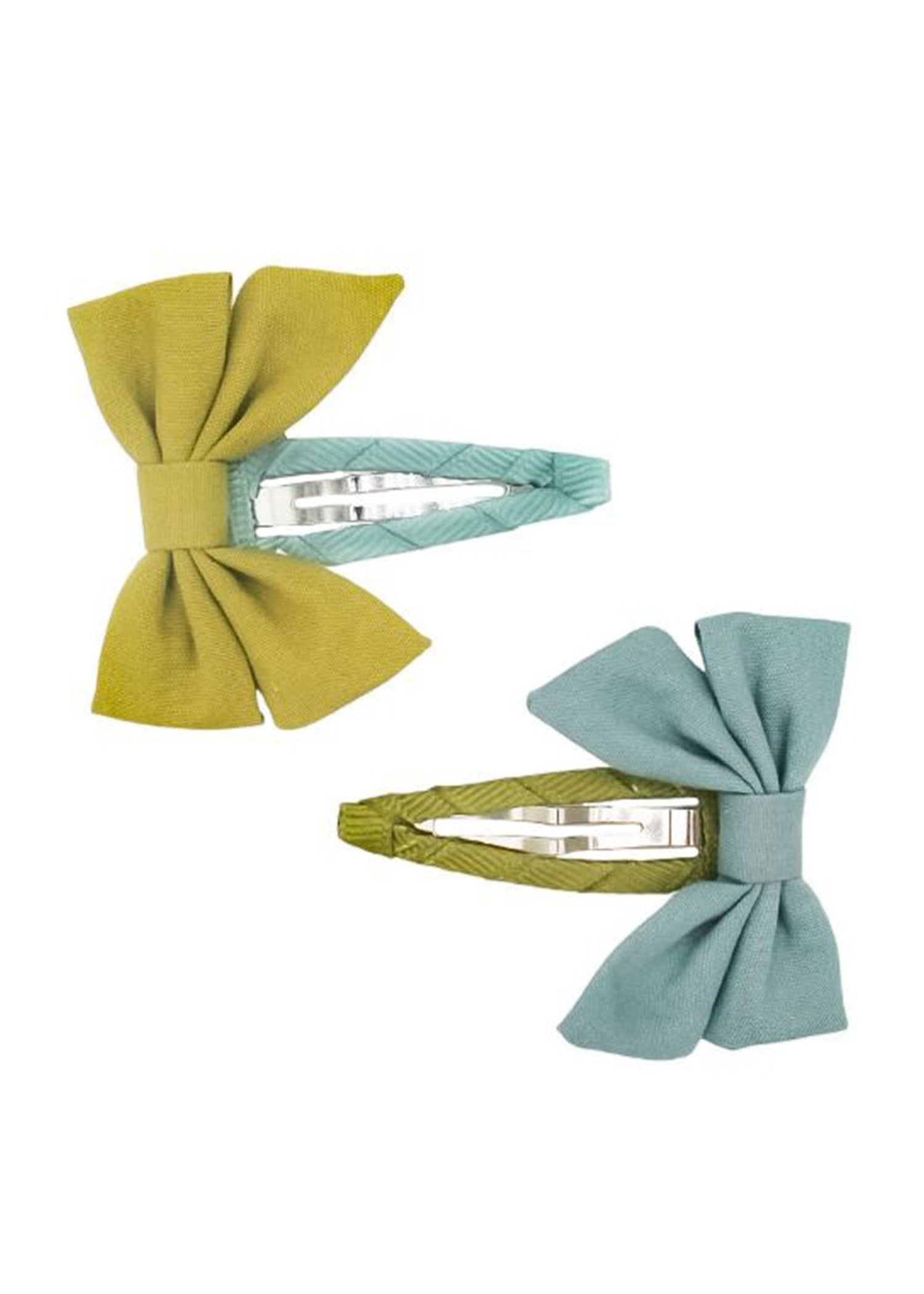 Grech & Co organic cotton bow hair clip set in olive green and duck egg blue on white background — sustainable kids hair accessories