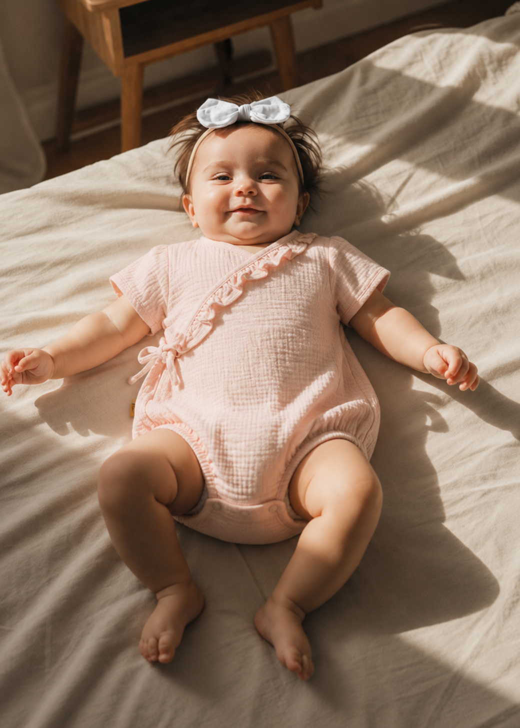 Organic cotton blush pink muslin wrap romper for baby girls by Hebe — GOTS certified