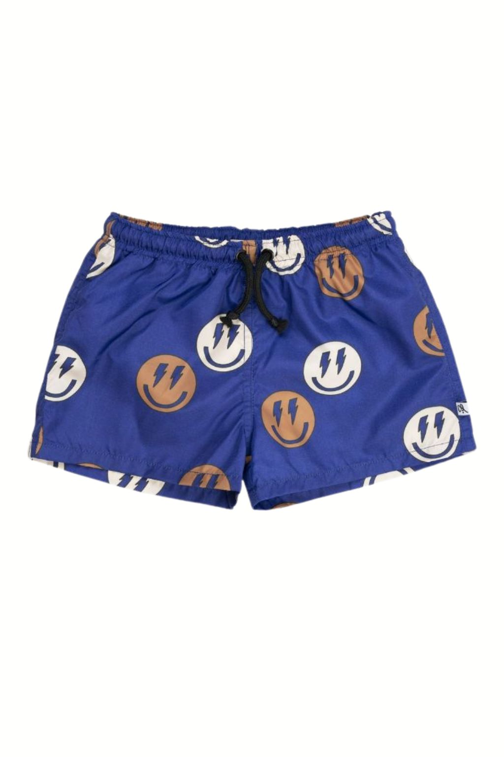 Recycled polyester Smilies swim shorts for boys have adjustbale waist and are the most comfortable swim trunks for toddlers. Best kids swim clothing.
