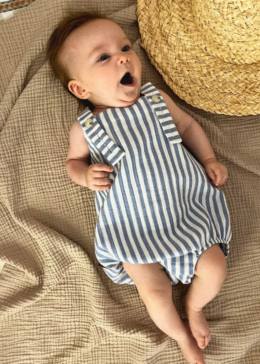 Organic Baby Romper Blue White Stripes Oeko Tex Certified
