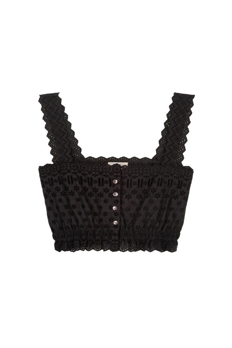Women black cropped top Kivima with most beautiful embroidery details and is made with organic cotton by Louise Misha. Shop sustainable women fashion online.