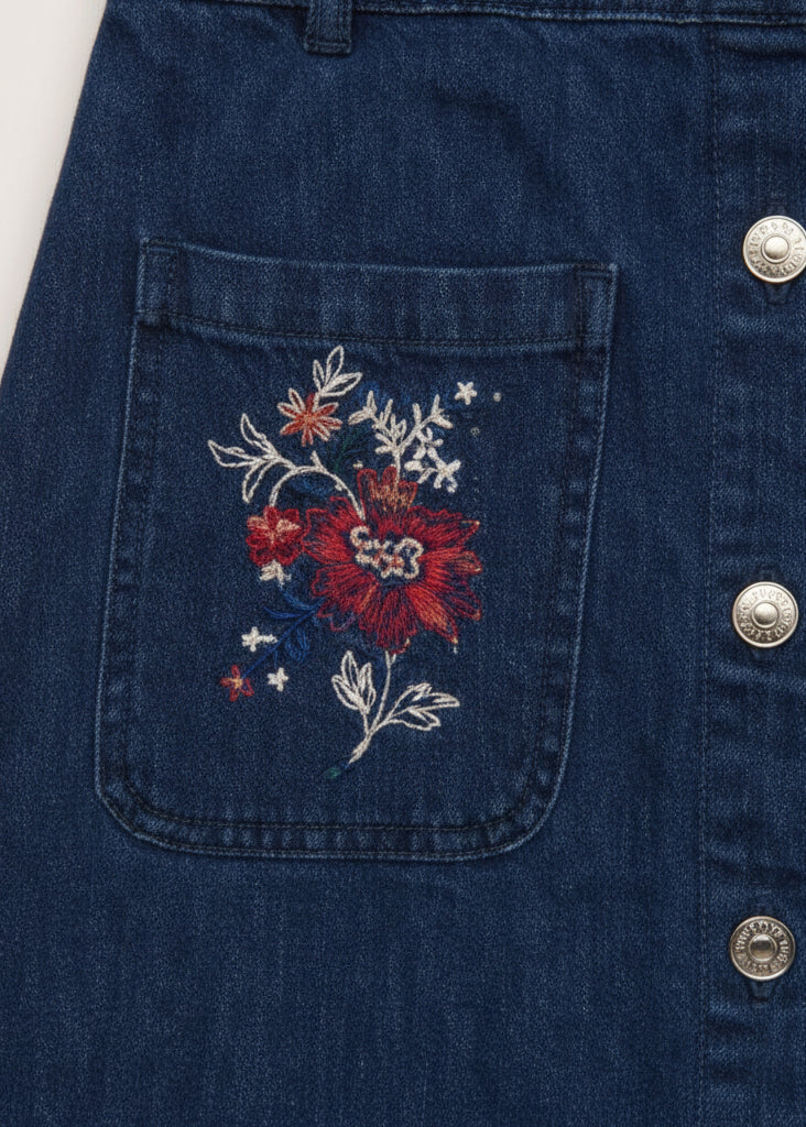 organic cotton denim skirt with embroidery detail