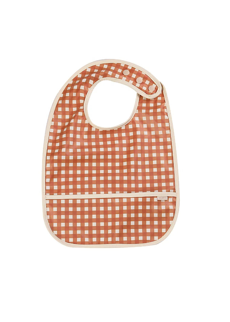 Grech & Co. sustainable baby bib in Sienna Gingham – OEKO-TEX certified PU with adjustable button closure