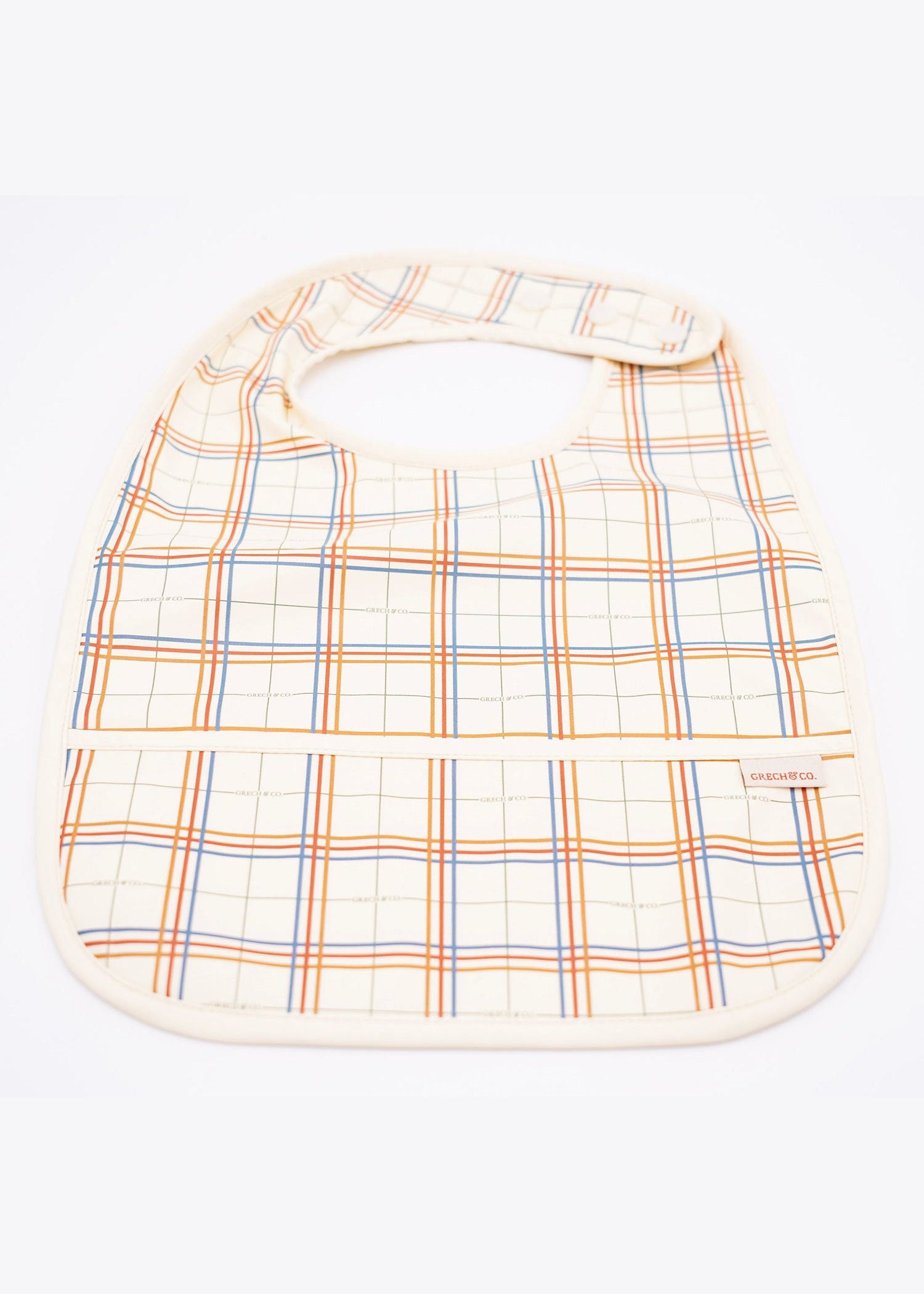 Eco-friendly plaid baby bib with catch-all pocket – Grech & Co. baby accessories