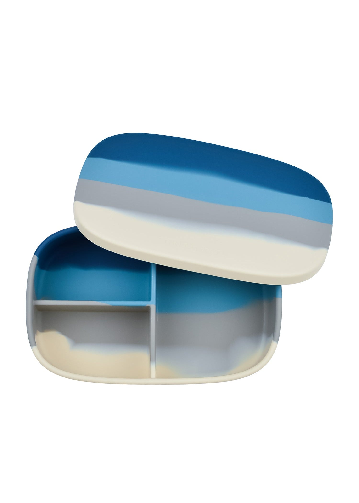 Grech & Co blue silicone lunch box open showing 3 divided sections with ombre navy teal grey cream landscape lid on white background — eco-friendly kids lunchbox at Milimilu