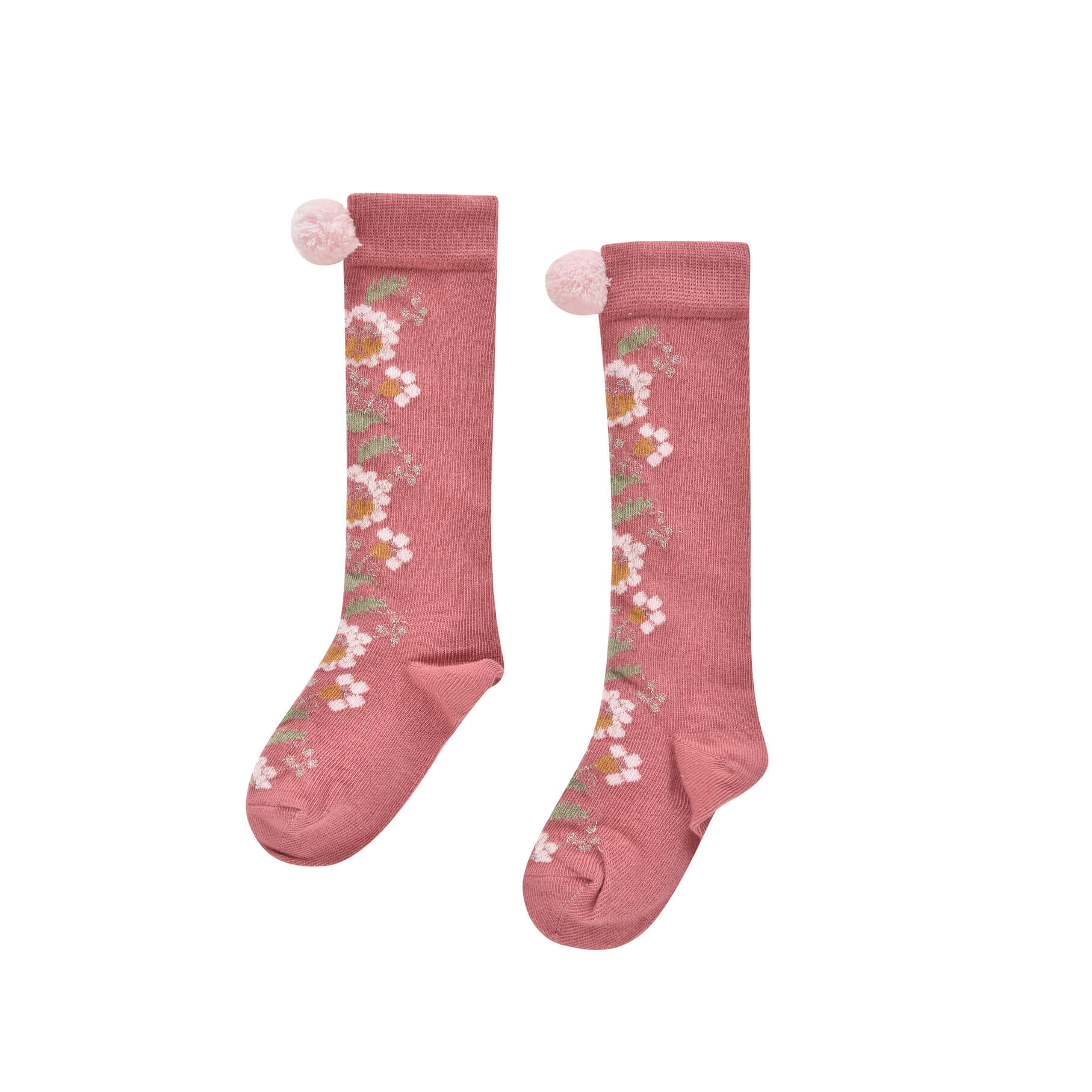 For every outfit, it's essential to have cute socks, and the Sienna socks in pink with floral patterns and handmade pompoms by Louise Misha.