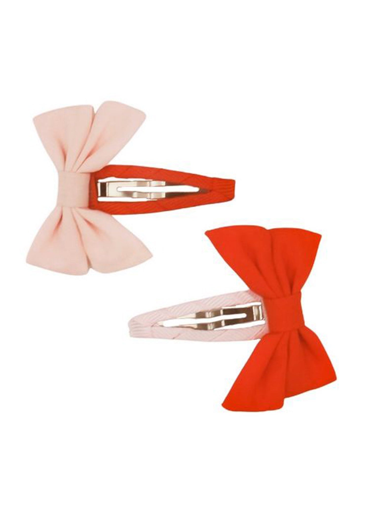 Grech & Co organic cotton bow hair clip set in powder pink and poppy red on white background — Blush Bloom sustainable kids hair accessories at Milimilu