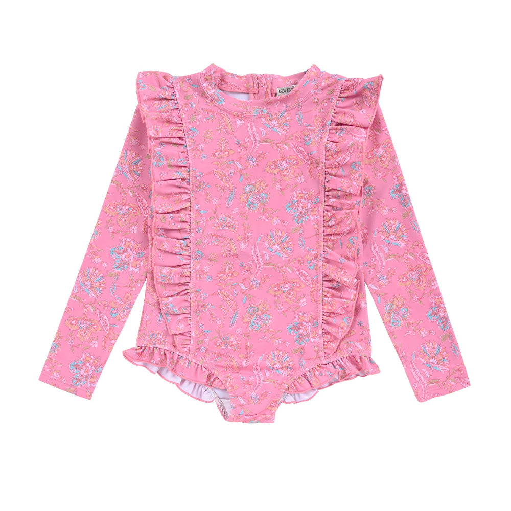Aurelia girls one-piece swimsuit Pink Mallow Romance by Louise Misha — ruffled front detail and back zip
