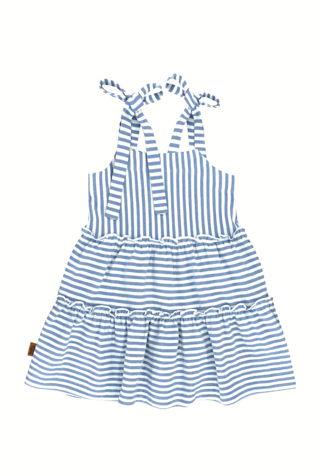 Girl twirling dress featuring blue and white stripes. Crafted from organic cotton, this exquisite summer dress is both breathable and lightweight online.