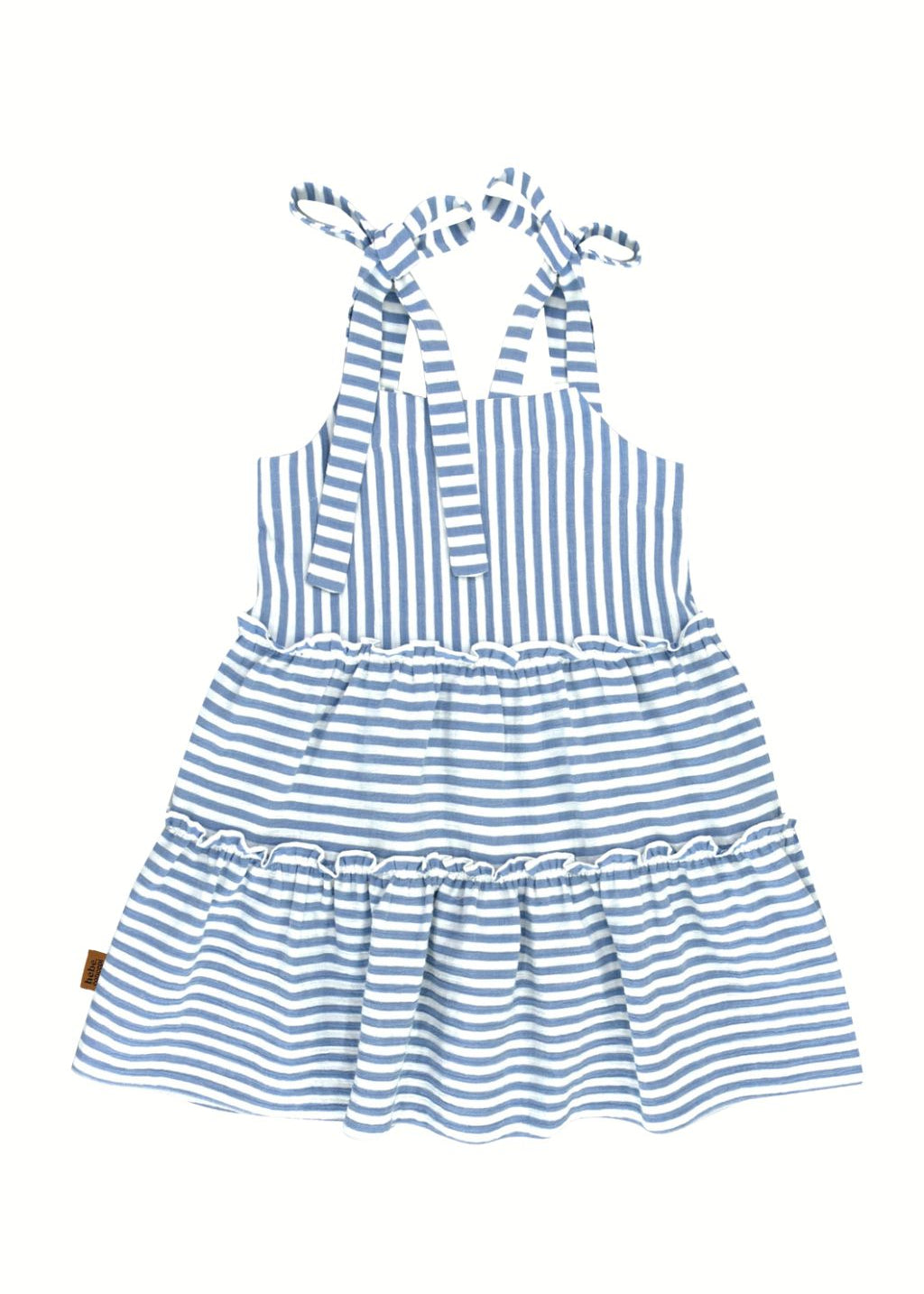 Close up of girls summer twirl dress in blue white stripes showing double-layer skirt
