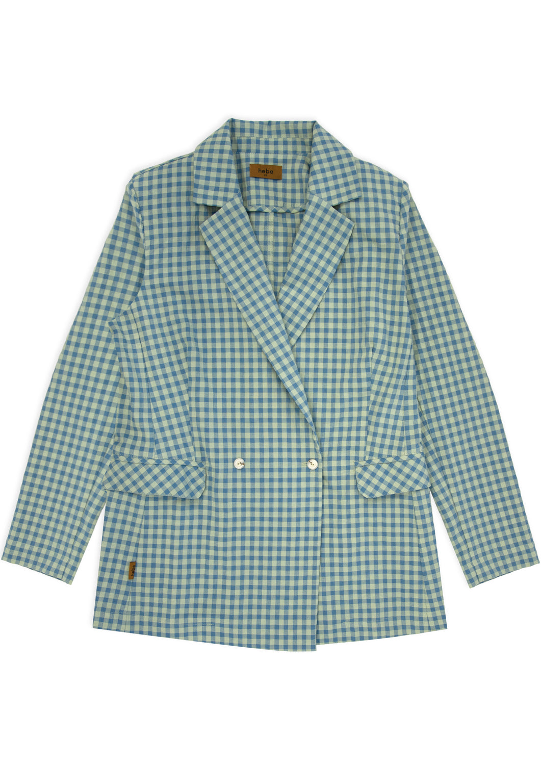 Women wearing a green and blue checked cotton blazer, a lightweight summer style with matching shorts available.