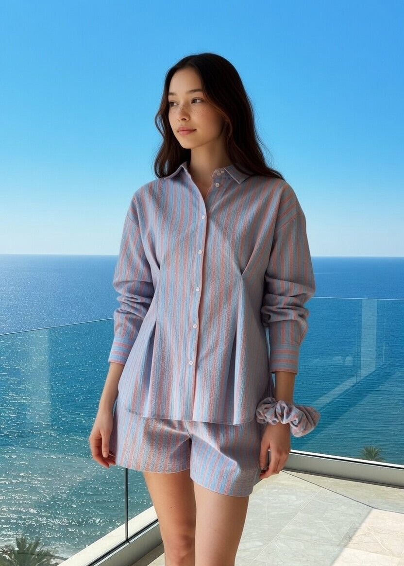 Women's blue and orange striped oversized cotton shirt by Hebe — OEKO-TEX certified, relaxed fit | MiliMilu HK SG AU UK JP