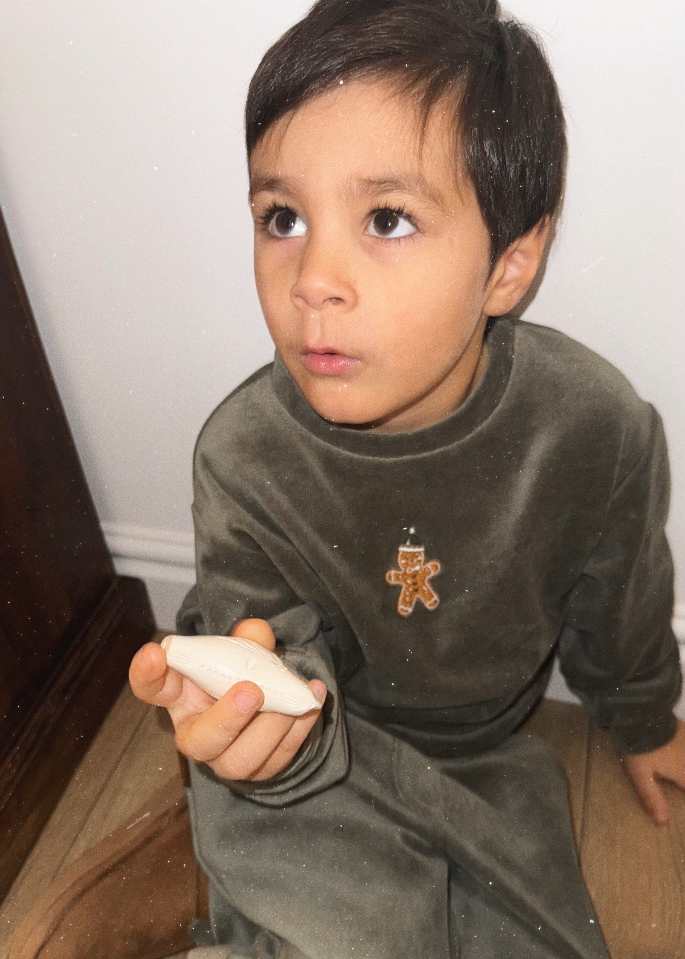 Kids dark green velvet sweater with gingerbread embroidery, organic cotton Christmas jumper