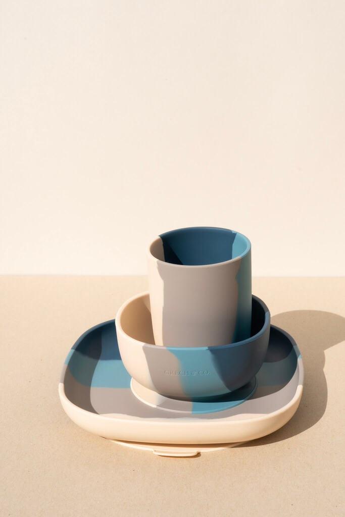Toddler & kids eco cups in blue tones by Grech&Co, these cups are environmentally friendly & made from 100% LFGB grade silicone, which makes them easy to hold.