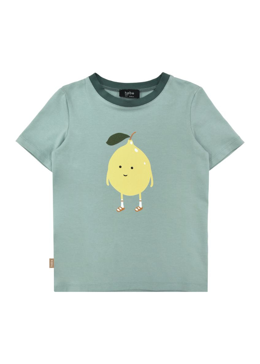 Child wearing breathable organic cotton lemon print top in mint green — unisex kids' tee by Hebe, OEKO-TEX certified