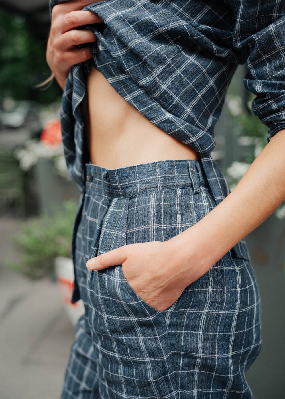 Premium linen shorts London; side view with pocket detail
