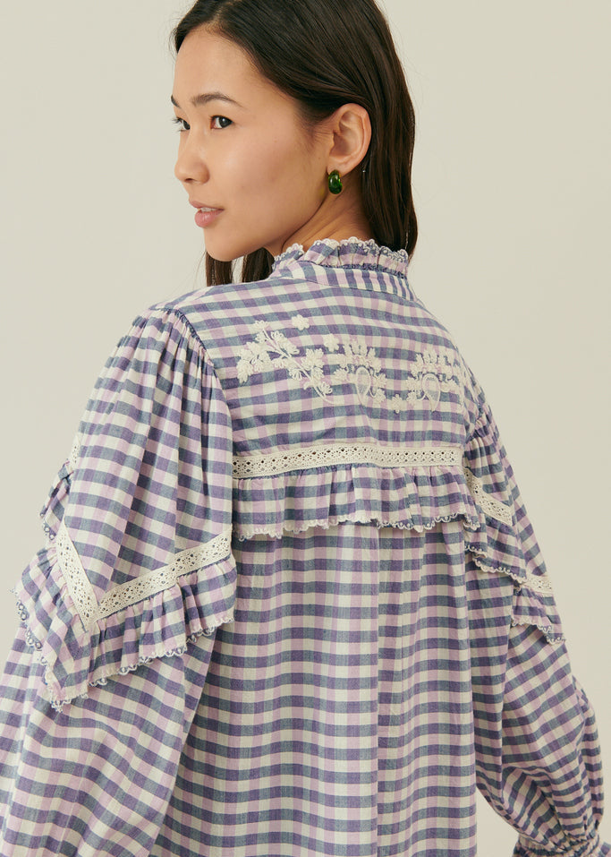 Front view Noelianne blouse blue purple checks - breathable organic cotton women's top