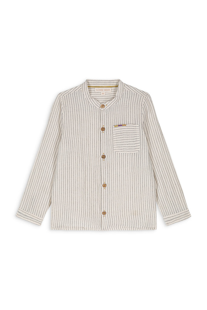 Shop cream stripe patterned shirts for boys online in Hong Kong and Singapore. Boys' shirt is a perfect blend of classic and modern styles. Mini Me matching is available to make the Mommy and Son time even more special. Louise Misha boys clothing on sale online, boys shirts for daily wear and special occasions.