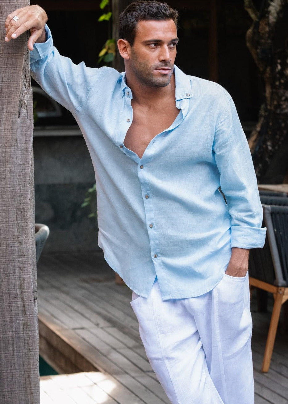 Mens Sky Blue Linen Shirt | Breathable European Linen | MiliMilu XXL Mens Sky Blue Linen Shirt | Breathable European Linen | MiliMilu XXL