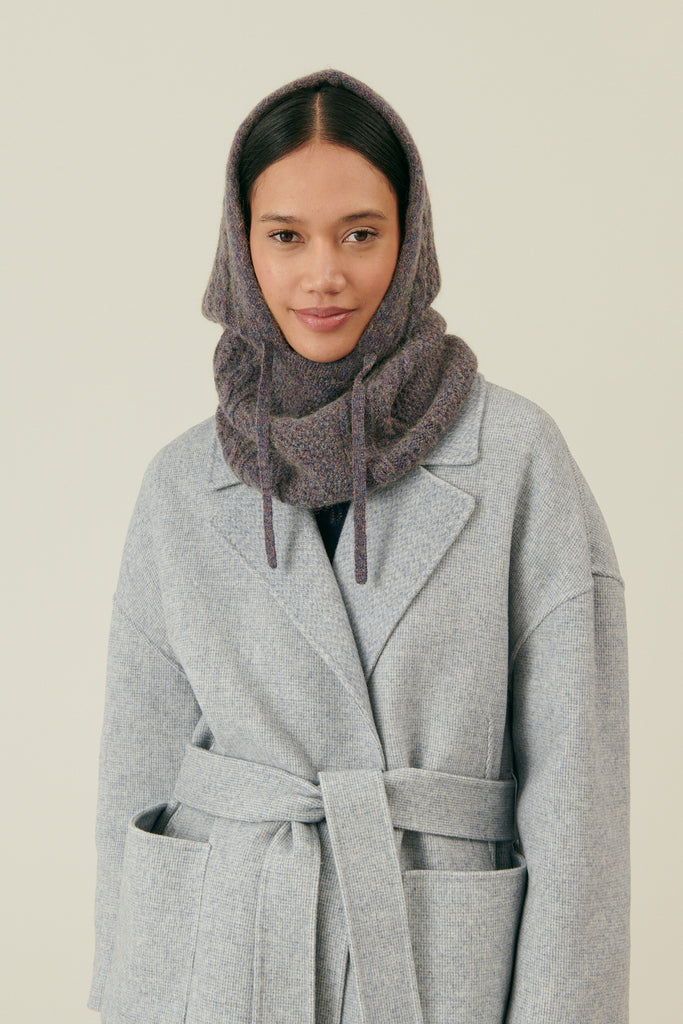 Sustainable women fashion from Louise Misha and women merino wool hood in storm colour. Practical and trendy women winter accesory, sustainable Christmas gift.