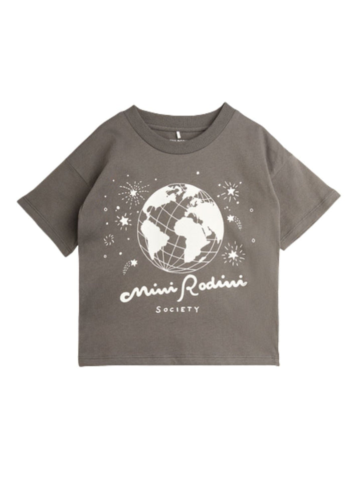 Child wearing Mini Rodini Society grey organic cotton T-shirt — breathable kids top for summer Hong Kong