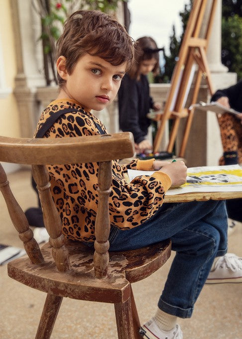 Mini Rodini kids leopard raglan sweatshirt — GOTS organic cotton, front view
