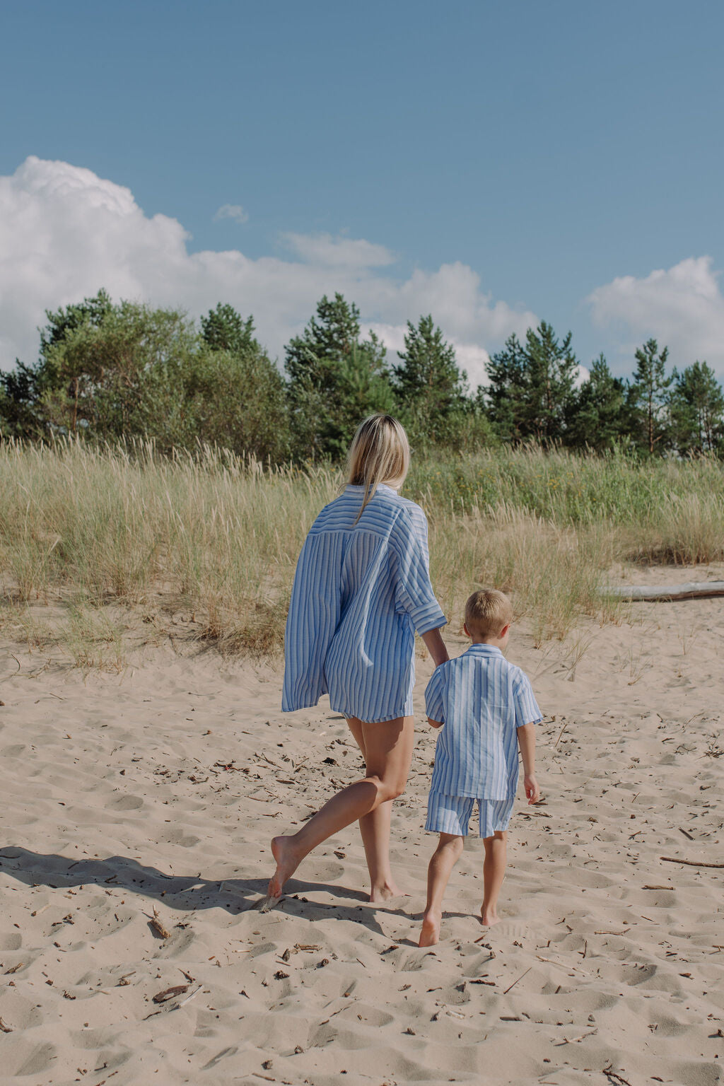 Breathable and extra comfortable boys linen shorts with blue and white stripes. Shop sustainable kids clothing and Mommy and Me fashion for boys.