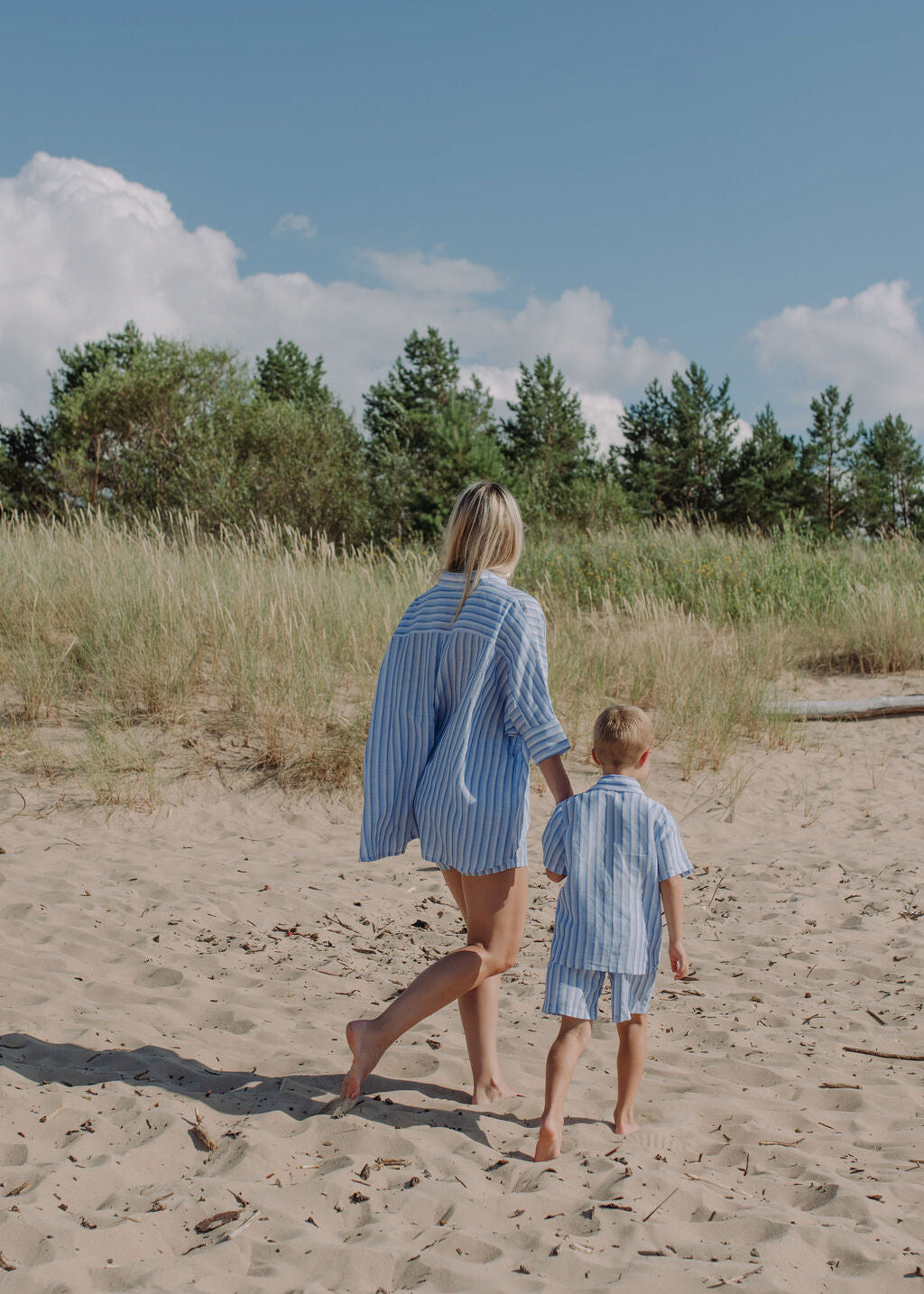 Mommy and Son Matching Linen Outfits - Blue White Stripe Sustainable Fashion