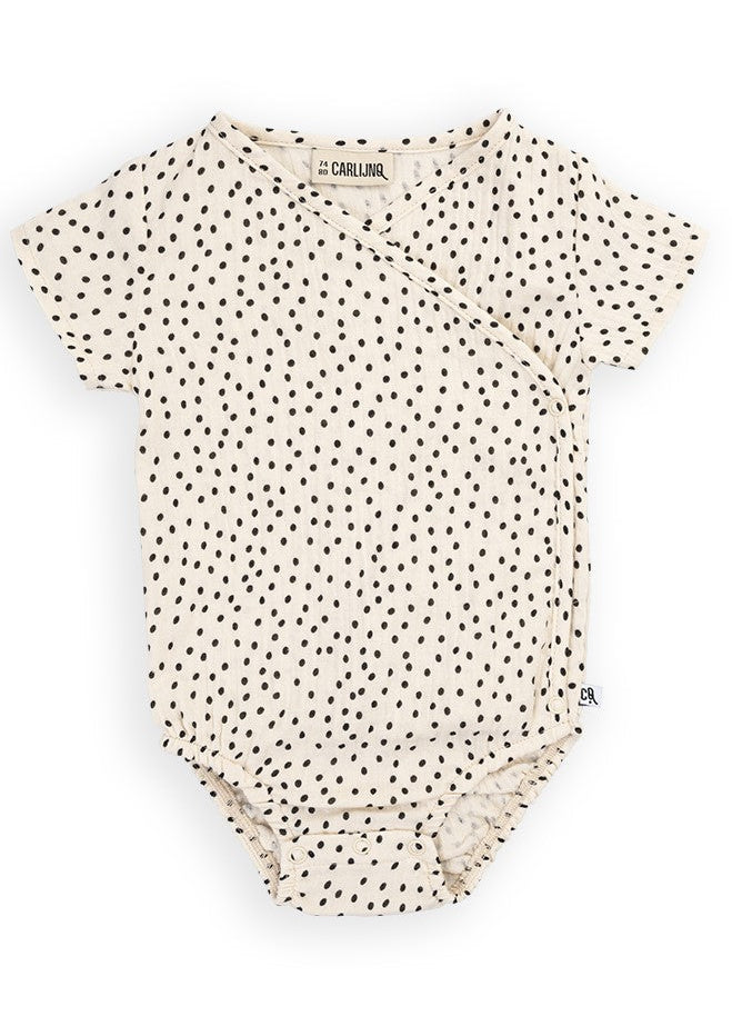 CarlijnQ organic cotton kimono baby bodysuit with mini dots – GOTS certified, off-white & black