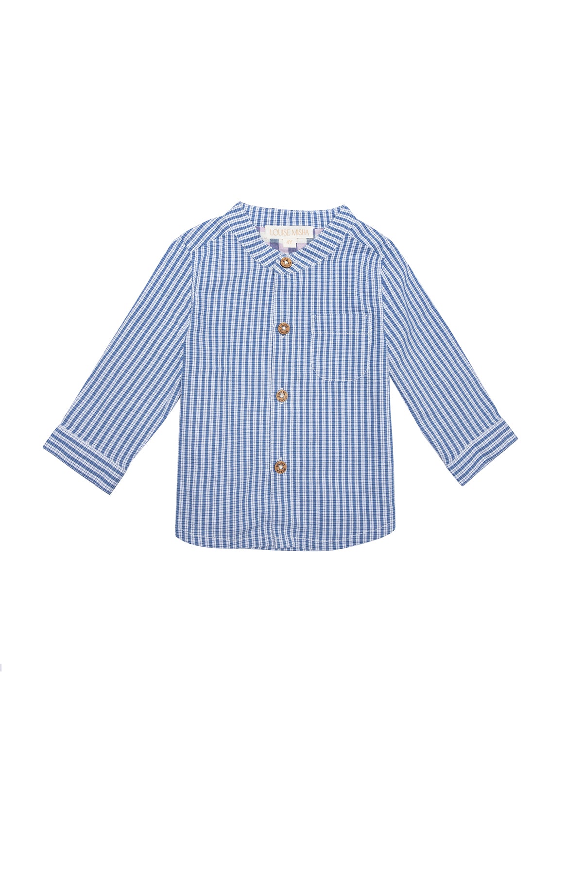 Formal boys shirt with modern twist, this organic cotton boys shirt with blue and white checkers is trendy by Louise Misha sustainable kids clothing online.