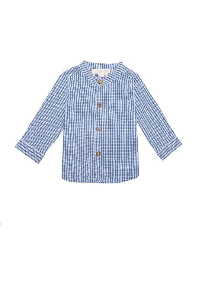 Boys wearing Amod shirt Blue Sonnet - blue checkered organic cotton by Louise Misha