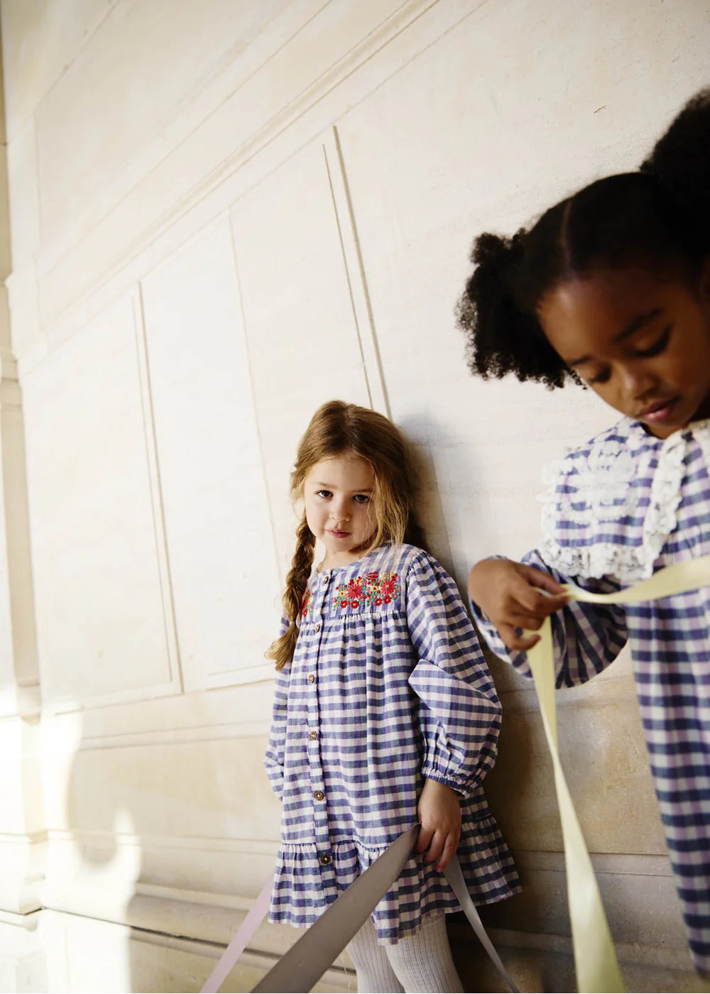 Front view Massilia girls dress blue purple checks - embroidered organic cotton checkered