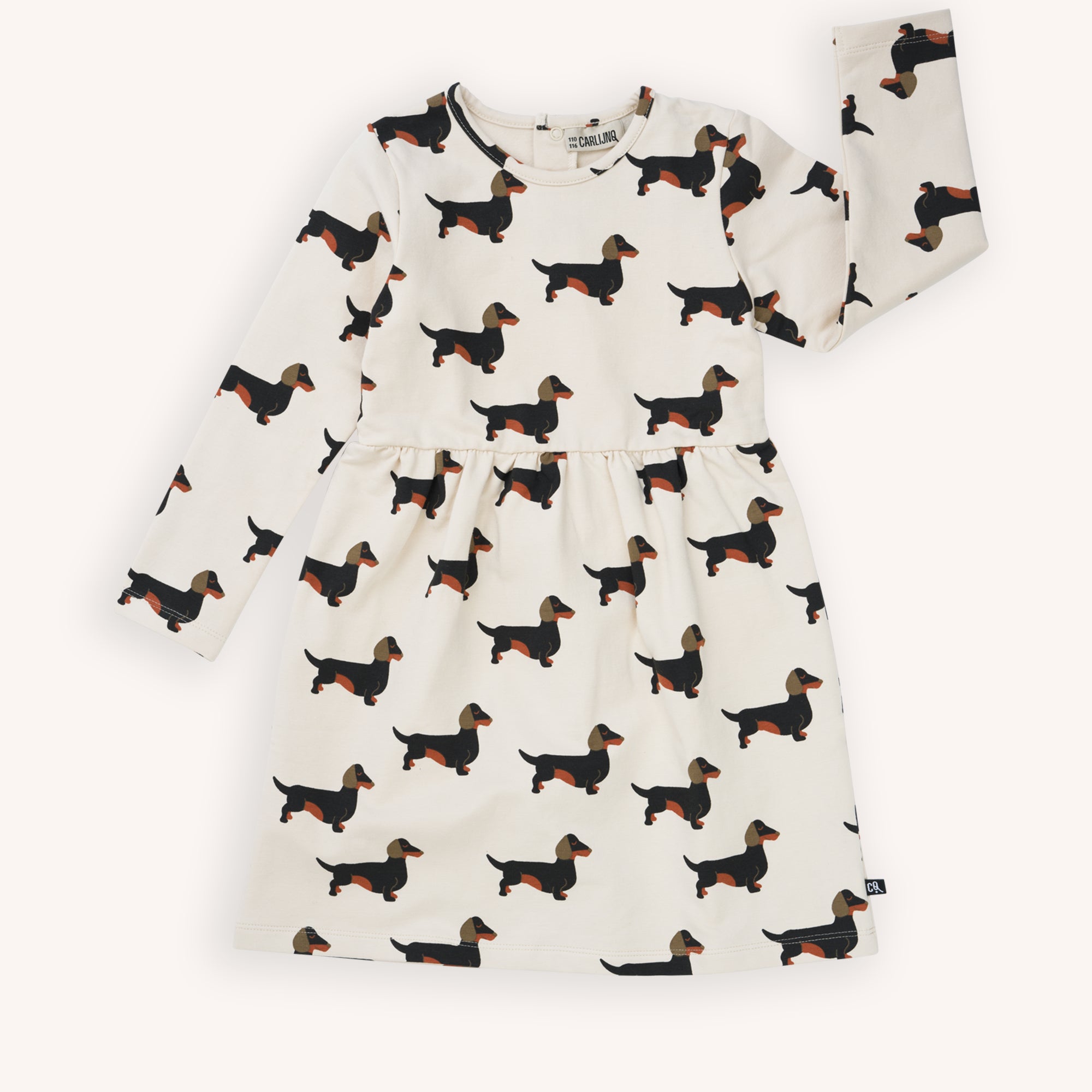 Organic cotton girl's dress with long sleeves & the coolest dachshund print at MiliMilu Lifestyle, shop the best sustainable and organic cotton kids clothing.