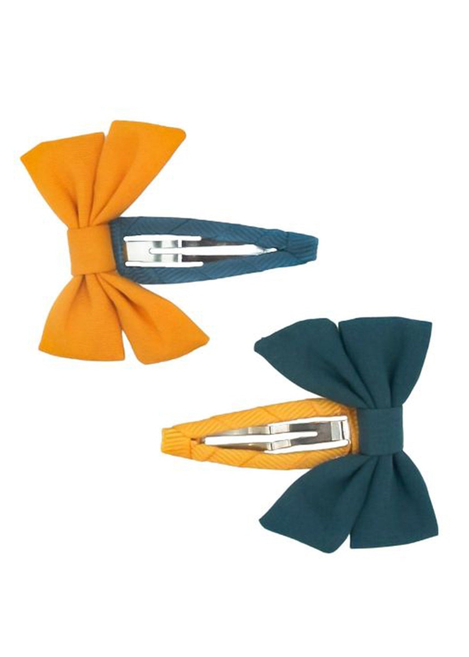 Grech & Co organic cotton bow hair clip set in warm mustard and forest green on white background — Tuscany sustainable kids hair accessories at Milimilu