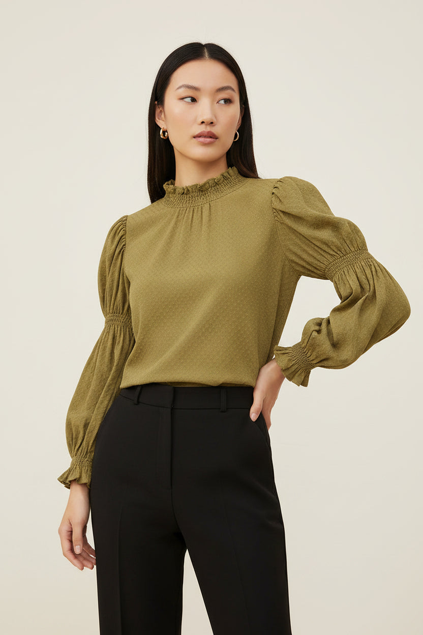 Women's organic cotton blouse with smocked cuffs & elasticated long sleeves — The New Society mustard