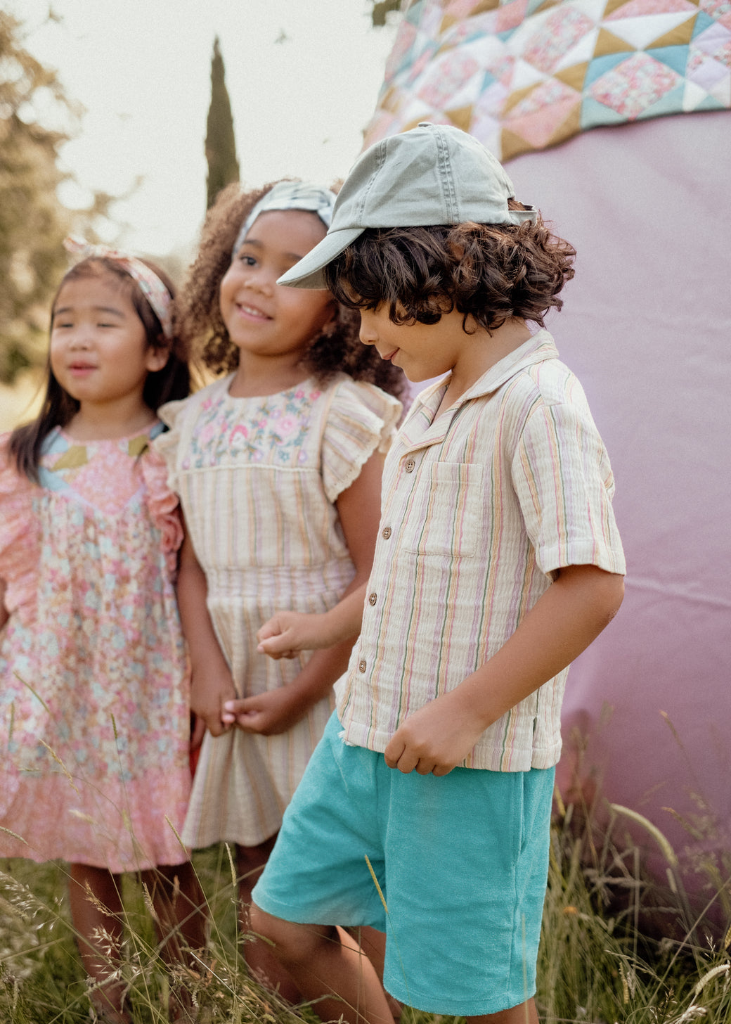 Close-up of Louise Misha Julio cap - khaki cotton baseball cap with Good Day embroidery detail