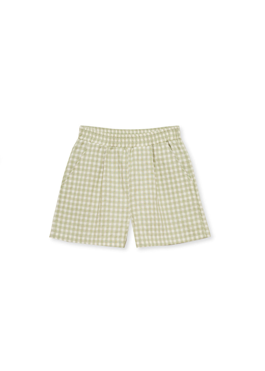 Jellymade Isla kids organic cotton shorts tea green check front pleats side pockets unisex in HK SG AU and UK.