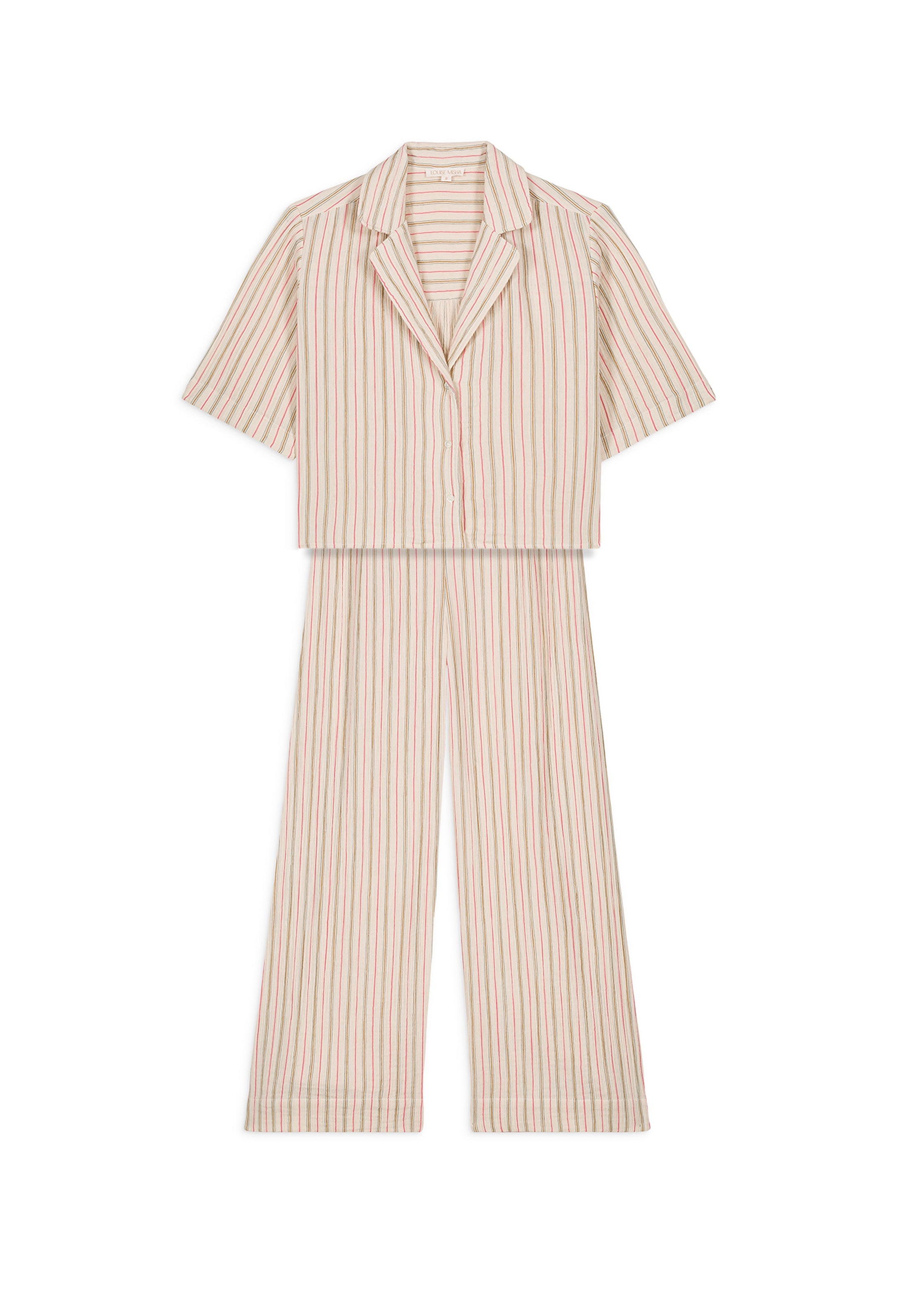 Women wearing Louka pyjama set stripes - off-white organic cotton loungewear by Louise Misha