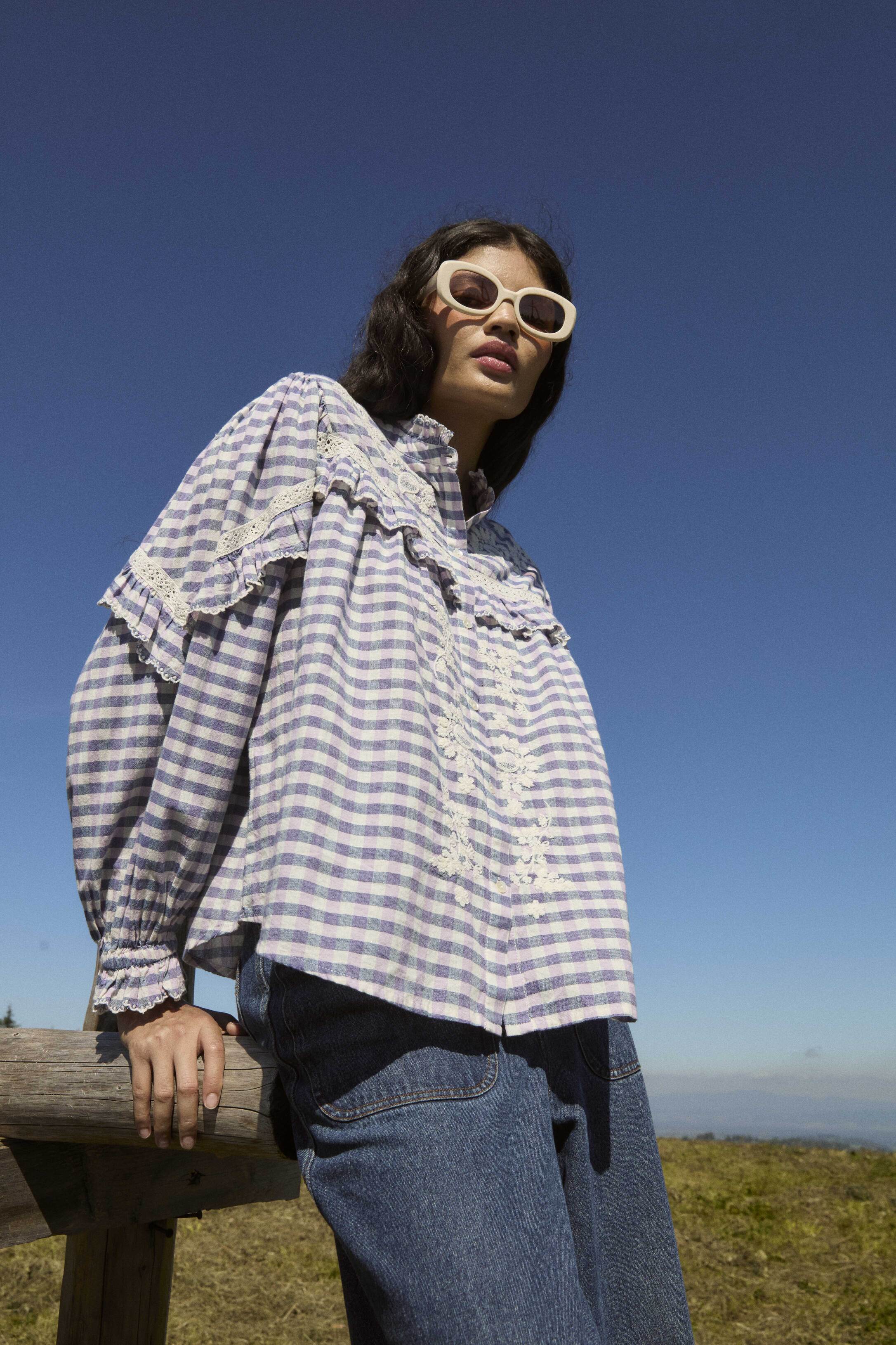 Women blouse is crafted from organic cotton fabric in checkers print with embrodery and is also part of Mommy and me fashion. Shop sustainable women fashion.