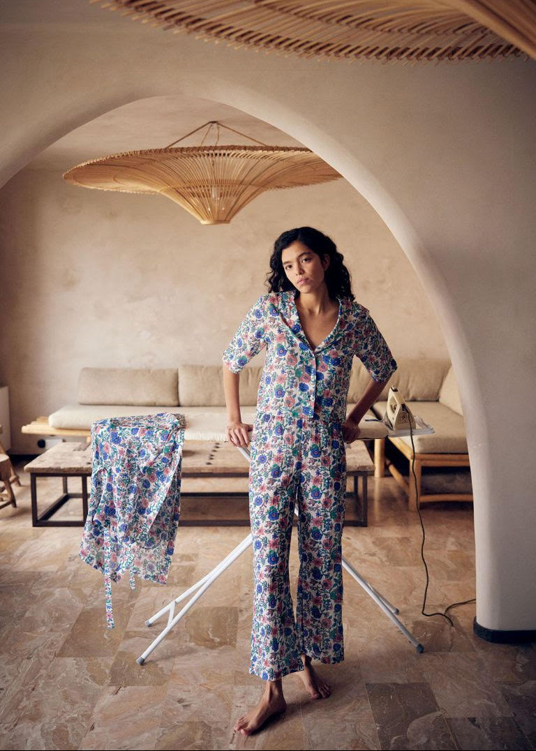 Women's organic cotton pyjama set Louka in Blue Summer Meadow by Louise Misha — front view