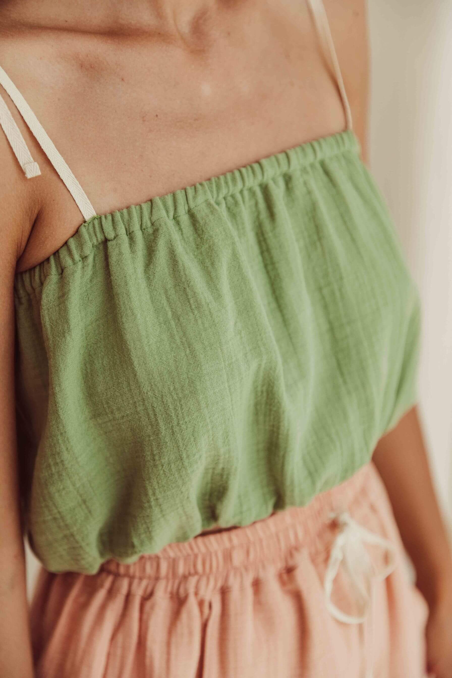 Organic cotton womens clothing and organic muslin crop top in green online at MiliMilu Lifestyle. Shop sustainable and eco friendly women fashion for summer.