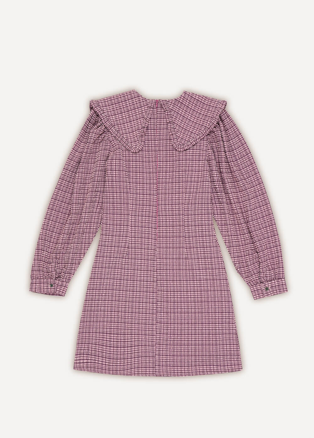 Checkered women's dresses online. This beautiful checkered women mini dress with an oversized collar and favourite balloon sleeves in purple colour.